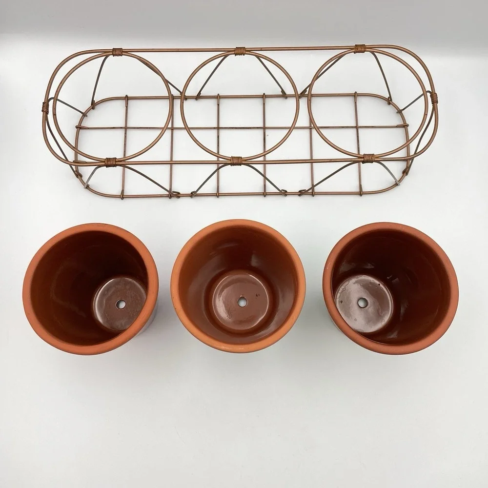 Bath &‎ Body Works Ceramic Flower Pots Planters Set of 3 w/ Metal Wire Caddy